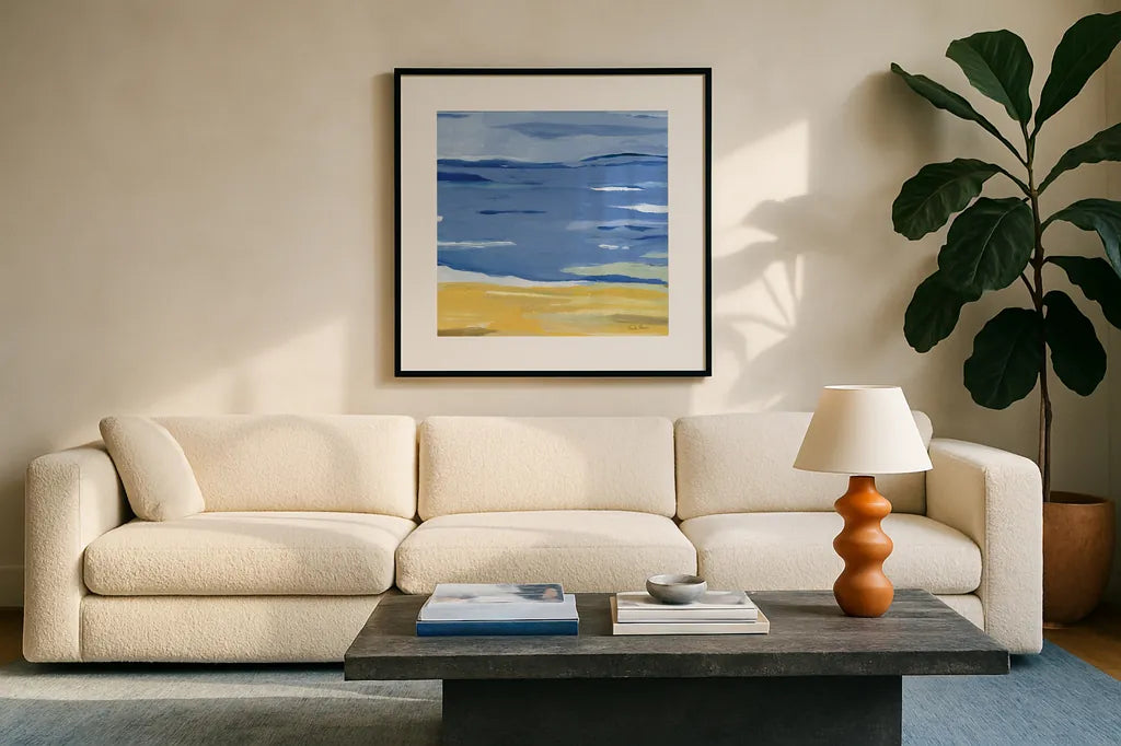 Coastal Abstract by Farida Zaman. Displayed in a glass frame with matte in a clean modern living room. Available as an archival giclee rolled canvas, fine art paper, or poster print. SKU 60386a.