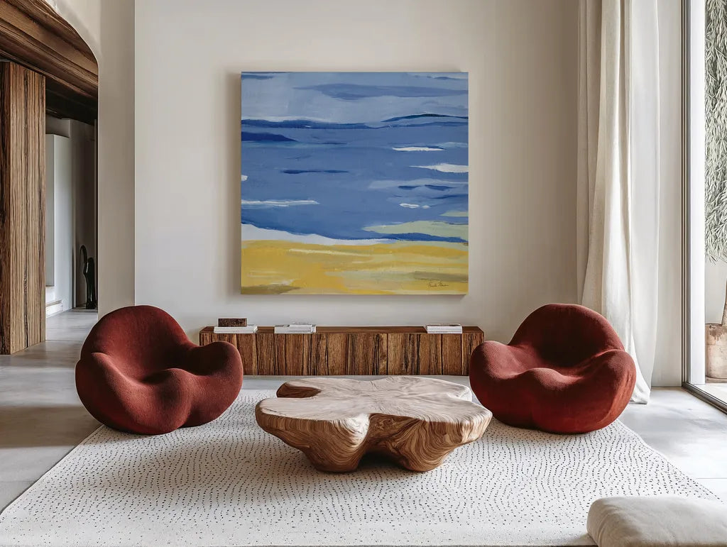 Coastal Abstract by Farida Zaman. Shown as extra-large giant wall art in a modern living room. Available as an archival giclee rolled canvas, fine art paper, or poster print. SKU 60386a.