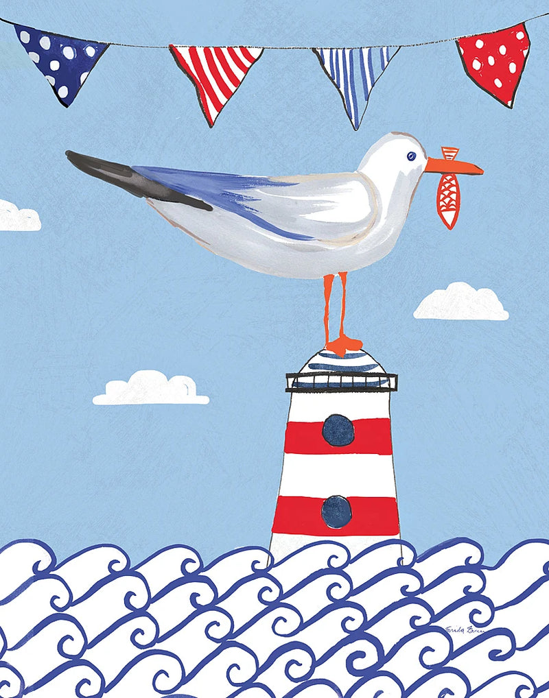 Coastal Bird I Flags on Blue by Farida Zaman