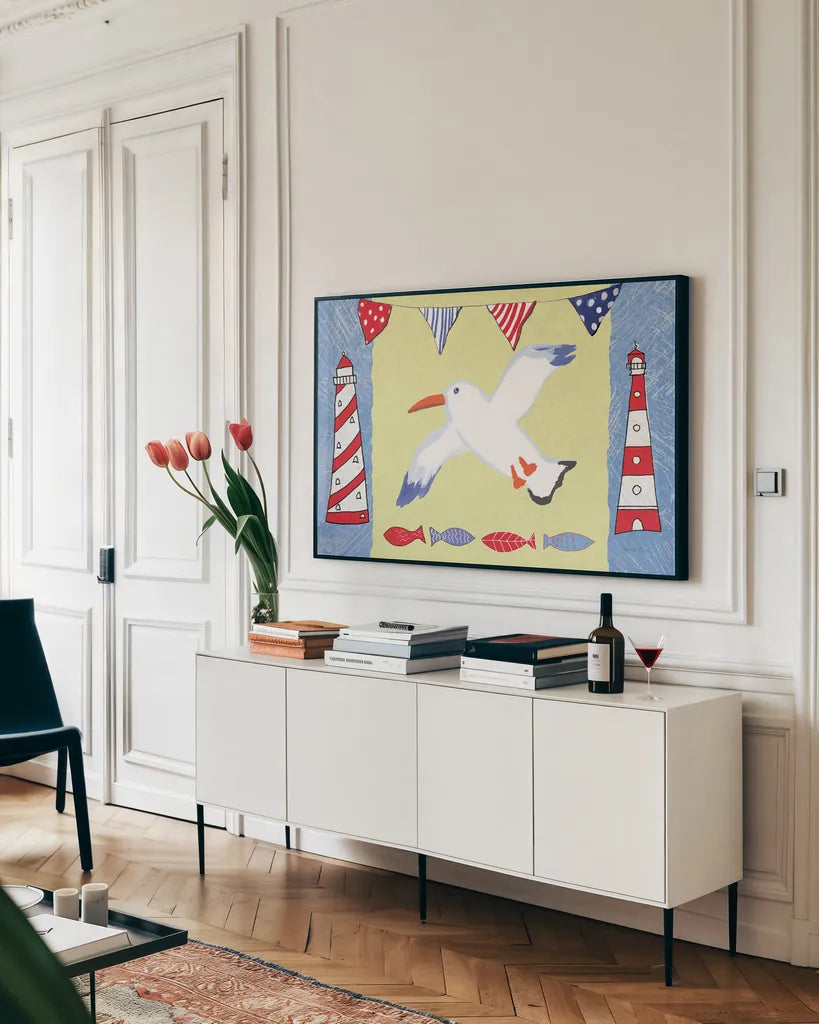 Coastal Bird III by Farida Zaman. shown as a framed stretched canvas in a living room above a console. Available as a archival giclee rolled canvas, fine art paper, or poster print. SKU 33106i.