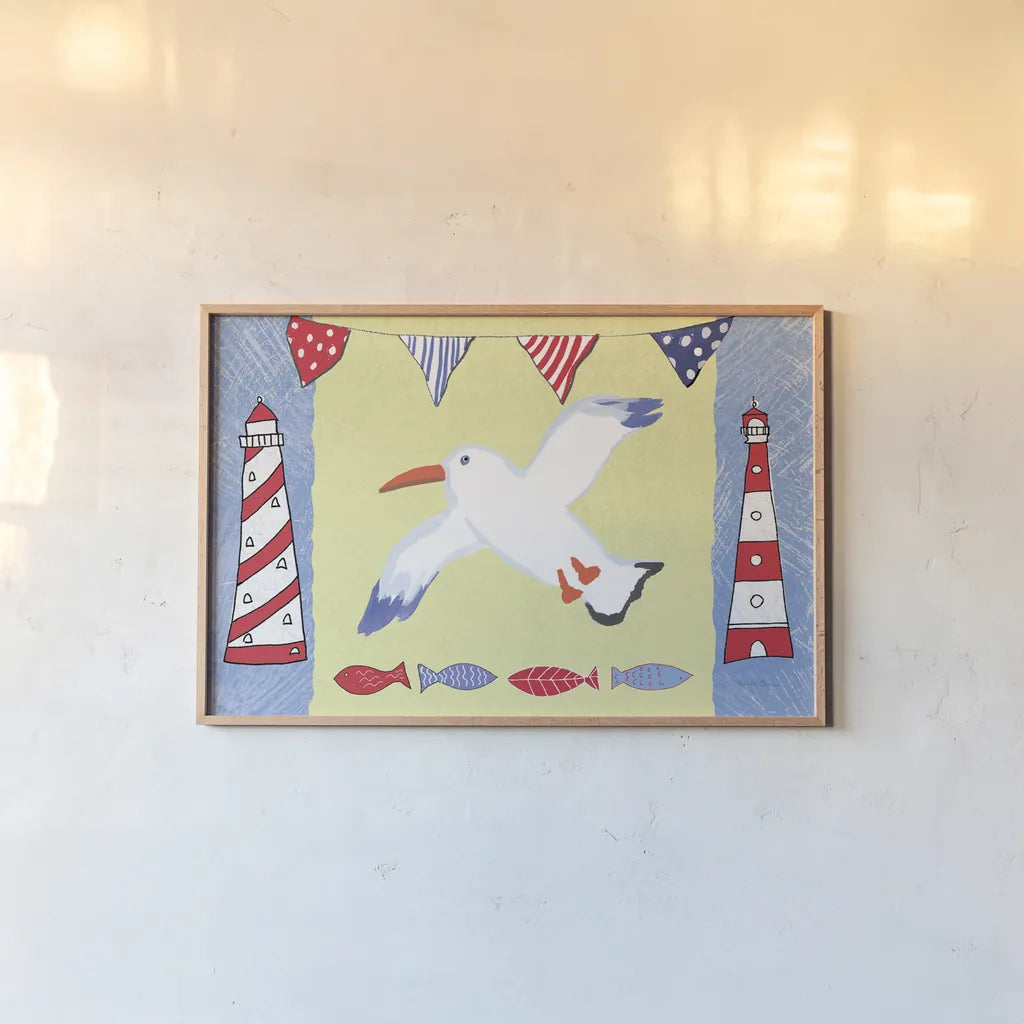 Coastal Bird III by Farida Zaman. shown as a paper print in a natural frame. Available as a archival giclee rolled canvas, fine art paper, or poster print. SKU 33106i.