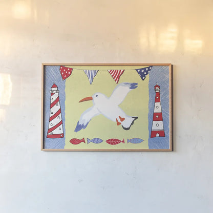 Coastal Bird III by Farida Zaman. shown as a paper print in a natural frame. Available as a archival giclee rolled canvas, fine art paper, or poster print. SKU 33106i.