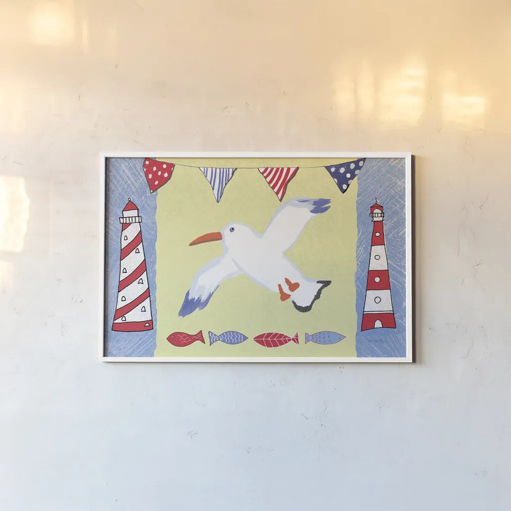 Coastal Bird III by Farida Zaman. shown as a paper print in a white frame. Available as a archival giclee rolled canvas, fine art paper, or poster print. SKU 33106i.