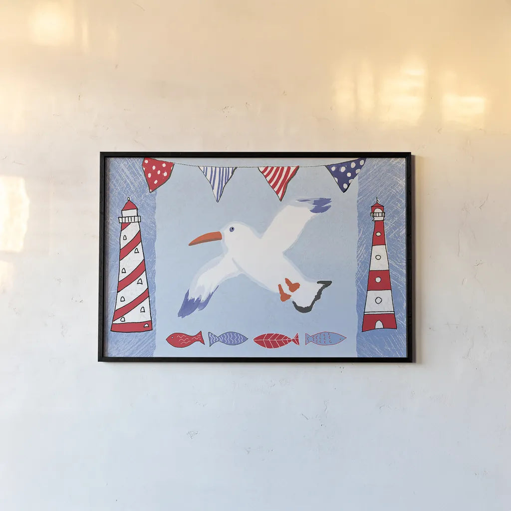 Coastal Bird III Blue by Farida Zaman. shown as a paper print in a black flame. Available as a archival giclee rolled canvas, fine art paper, or poster print. SKU 34516i.