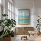 Coastal Bliss I Crop by Farida Zaman. shown as a print in a natural wood frame in a dining room. Available as a archival giclee rolled canvas, fine art paper, or poster print. SKU 48443h.