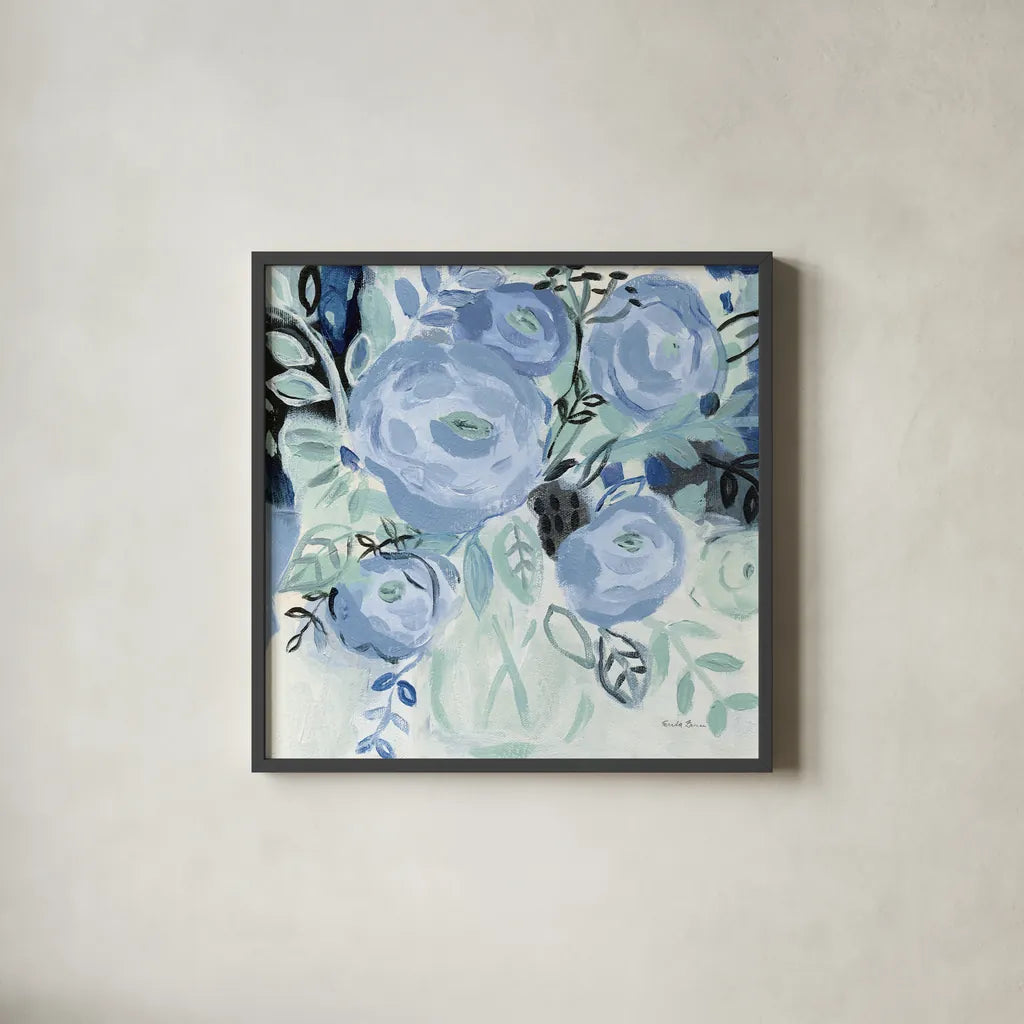 Coastal Blooms by Farida Zaman. Shown in a sleek black glass frame for a contemporary gallery look. Available as an archival giclee rolled canvas, fine art paper, or poster print. SKU 87132a.