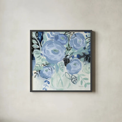 Coastal Blooms by Farida Zaman. Shown in a sleek black glass frame for a contemporary gallery look. Available as an archival giclee rolled canvas, fine art paper, or poster print. SKU 87132a.