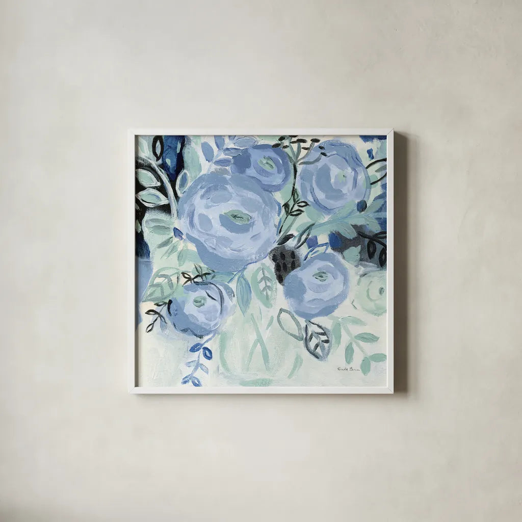 Coastal Blooms by Farida Zaman. Shown in a crisp white glass frame for a clean and minimalist style. Available as an archival giclee rolled canvas, fine art paper, or poster print. SKU 87132a.