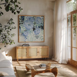 Coastal Blooms by Farida Zaman. Shown in a natural wood frame in a cozy modern living room. Available as an archival giclee rolled canvas, fine art paper, or poster print. SKU 87132a.