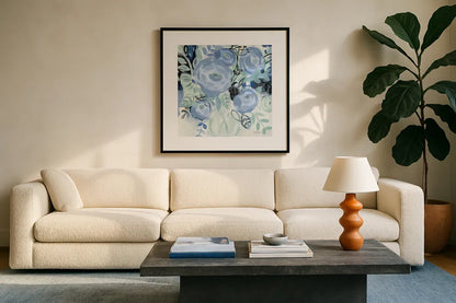 Coastal Blooms by Farida Zaman. Displayed in a glass frame with matte in a clean modern living room. Available as an archival giclee rolled canvas, fine art paper, or poster print. SKU 87132a.