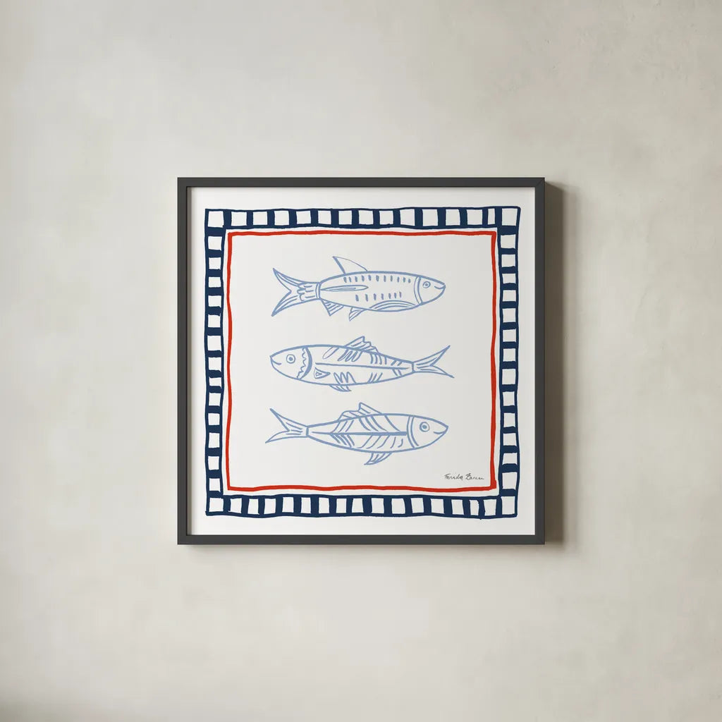 Coastal Critters I by Farida Zaman. Shown in a sleek black glass frame for a contemporary gallery look. Available as an archival giclee rolled canvas, fine art paper, or poster print. SKU 102662a.