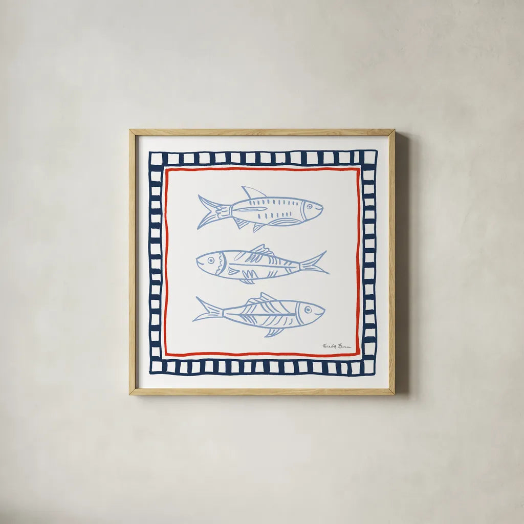 Coastal Critters I by Farida Zaman. Shown in a natural wood glass frame for a timeless modern aesthetic. Available as an archival giclee rolled canvas, fine art paper, or poster print. SKU 102662a.