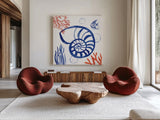 Coastal Jewels I by Farida Zaman. Shown as extra-large giant wall art in a modern living room. Available as an archival giclee rolled canvas, fine art paper, or poster print. SKU 35779a.