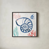 Coastal Jewels I Coral Cove by Farida Zaman. Shown in a sleek black glass frame for a contemporary gallery look. Available as an archival giclee rolled canvas, fine art paper, or poster print. SKU 55923a.