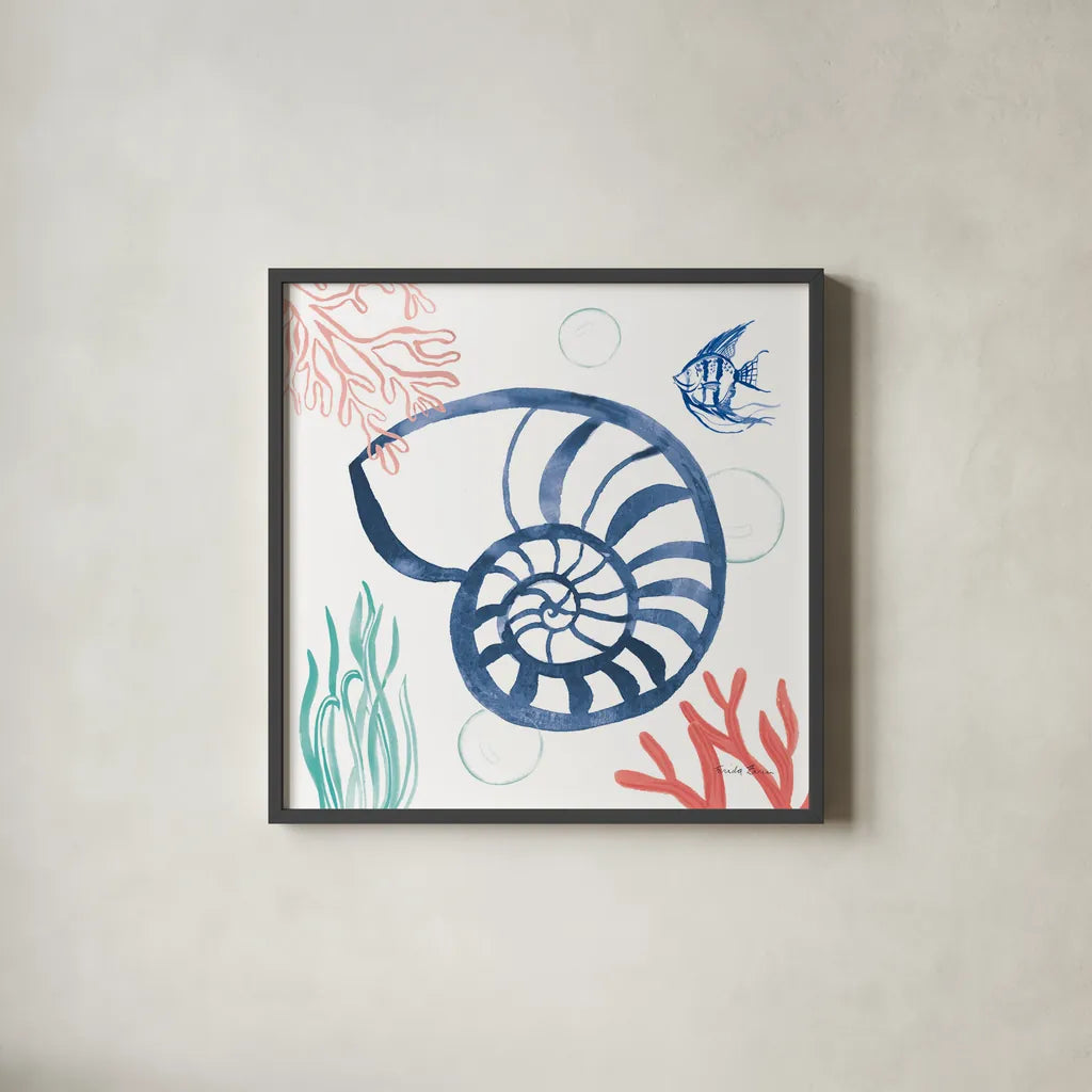Coastal Jewels I Coral Cove by Farida Zaman. Shown in a sleek black glass frame for a contemporary gallery look. Available as an archival giclee rolled canvas, fine art paper, or poster print. SKU 55923a.