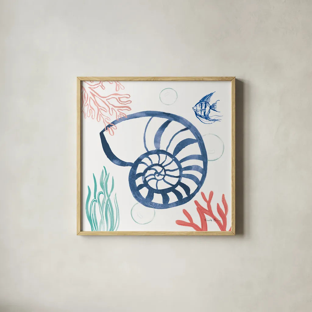 Coastal Jewels I Coral Cove by Farida Zaman. Shown in a natural wood glass frame for a timeless modern aesthetic. Available as an archival giclee rolled canvas, fine art paper, or poster print. SKU 55923a.