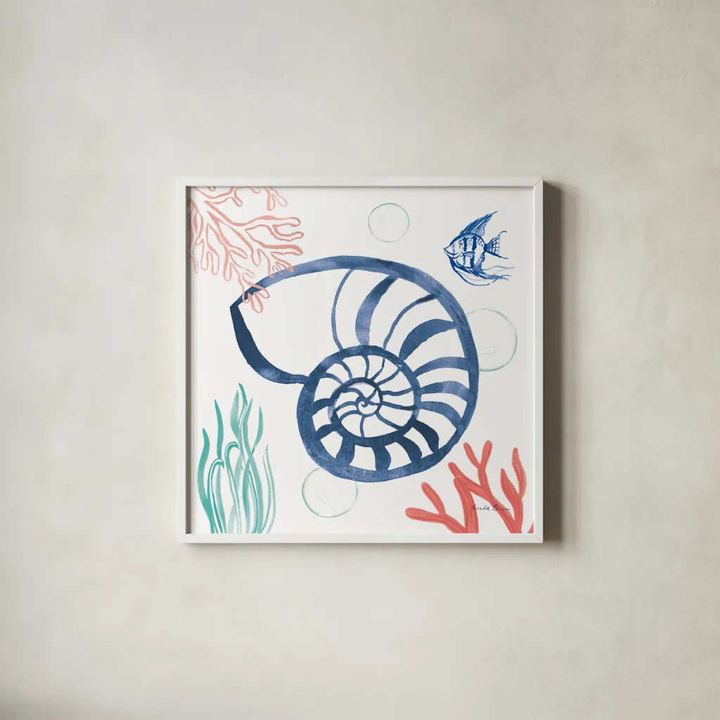 Coastal Jewels I Coral Cove by Farida Zaman. Shown in a crisp white glass frame for a clean and minimalist style. Available as an archival giclee rolled canvas, fine art paper, or poster print. SKU 55923a.