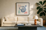 Coastal Jewels I Coral Cove by Farida Zaman. Displayed in a glass frame with matte in a clean modern living room. Available as an archival giclee rolled canvas, fine art paper, or poster print. SKU 55923a.