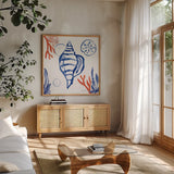 Coastal Jewels II by Farida Zaman. Shown in a natural wood frame in a cozy modern living room. Available as an archival giclee rolled canvas, fine art paper, or poster print. SKU 35780a.