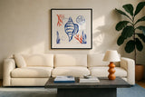 Coastal Jewels II by Farida Zaman. Displayed in a glass frame with matte in a clean modern living room. Available as an archival giclee rolled canvas, fine art paper, or poster print. SKU 35780a.