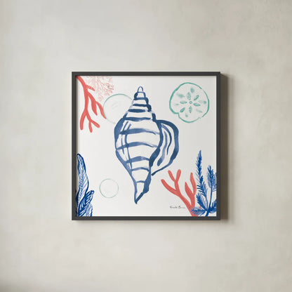 Coastal Jewels II Coral Cove by Farida Zaman. Shown in a sleek black glass frame for a contemporary gallery look. Available as an archival giclee rolled canvas, fine art paper, or poster print. SKU 55924a.