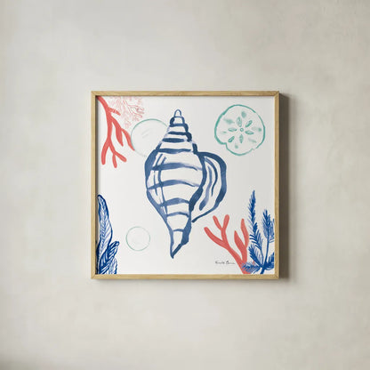 Coastal Jewels II Coral Cove by Farida Zaman. Shown in a natural wood glass frame for a timeless modern aesthetic. Available as an archival giclee rolled canvas, fine art paper, or poster print. SKU 55924a.