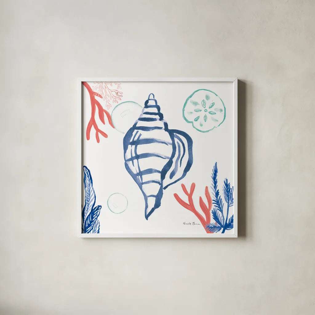 Coastal Jewels II Coral Cove by Farida Zaman. Shown in a crisp white glass frame for a clean and minimalist style. Available as an archival giclee rolled canvas, fine art paper, or poster print. SKU 55924a.