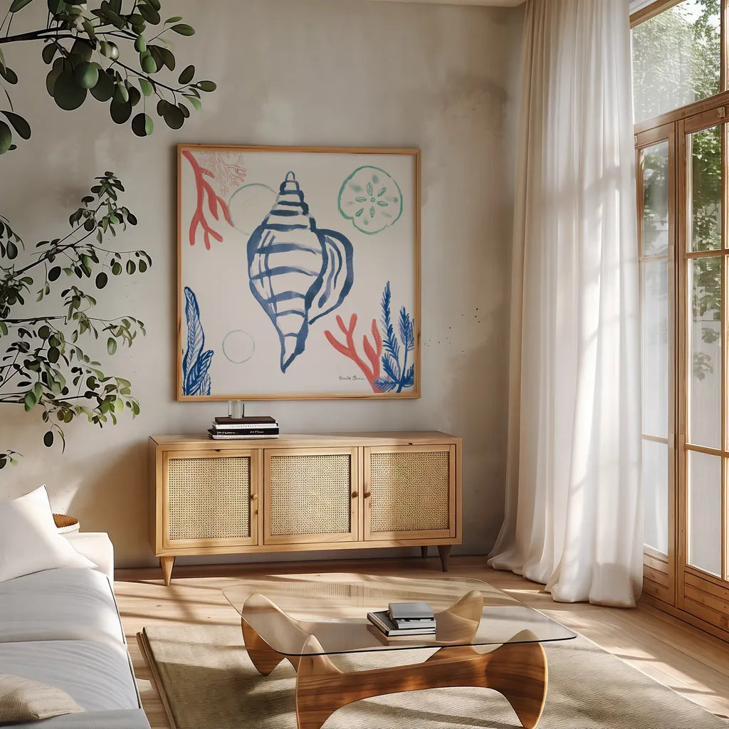 Coastal Jewels II Coral Cove by Farida Zaman. Shown in a natural wood frame in a cozy modern living room. Available as an archival giclee rolled canvas, fine art paper, or poster print. SKU 55924a.