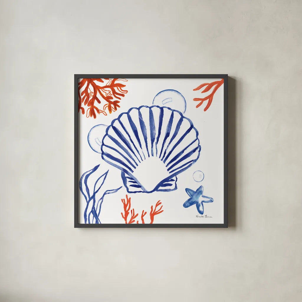 Coastal Jewels III by Farida Zaman. Shown in a sleek black glass frame for a contemporary gallery look. Available as an archival giclee rolled canvas, fine art paper, or poster print. SKU 35781a.