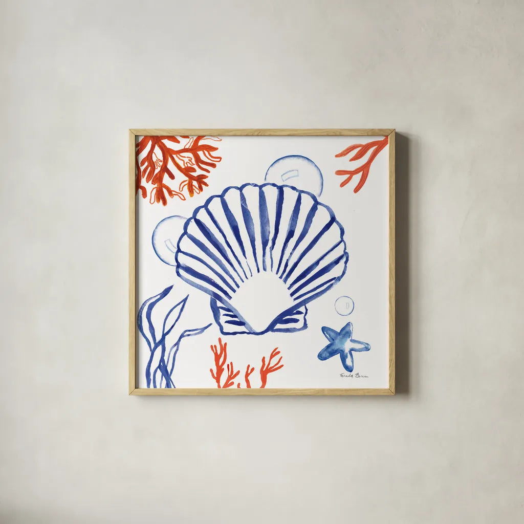 Coastal Jewels III by Farida Zaman. Shown in a natural wood glass frame for a timeless modern aesthetic. Available as an archival giclee rolled canvas, fine art paper, or poster print. SKU 35781a.