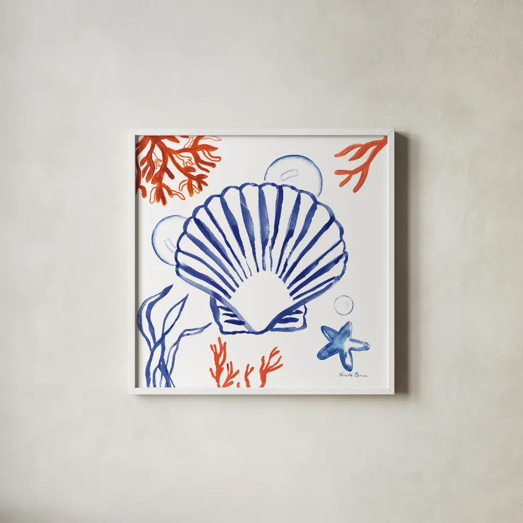 Coastal Jewels III by Farida Zaman. Shown in a crisp white glass frame for a clean and minimalist style. Available as an archival giclee rolled canvas, fine art paper, or poster print. SKU 35781a.