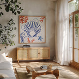 Coastal Jewels III by Farida Zaman. Shown in a natural wood frame in a cozy modern living room. Available as an archival giclee rolled canvas, fine art paper, or poster print. SKU 35781a.