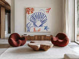 Coastal Jewels III by Farida Zaman. Shown as extra-large giant wall art in a modern living room. Available as an archival giclee rolled canvas, fine art paper, or poster print. SKU 35781a.