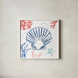 Coastal Jewels III Coral Cove by Farida Zaman. Shown in a crisp white glass frame for a clean and minimalist style. Available as an archival giclee rolled canvas, fine art paper, or poster print. SKU 55925a.