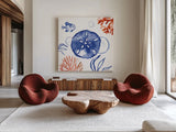 Coastal Jewels IV by Farida Zaman. Shown as extra-large giant wall art in a modern living room. Available as an archival giclee rolled canvas, fine art paper, or poster print. SKU 35782a.