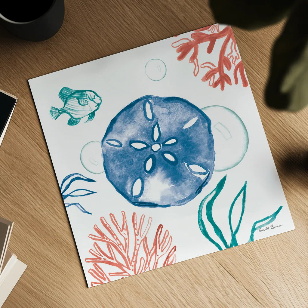 Coastal Jewels IV Bright by Farida Zaman. Shown as a detailed flat fine art print, highlighting archival giclee quality. Available as an archival giclee rolled canvas, fine art paper, or poster print. SKU 73326a.