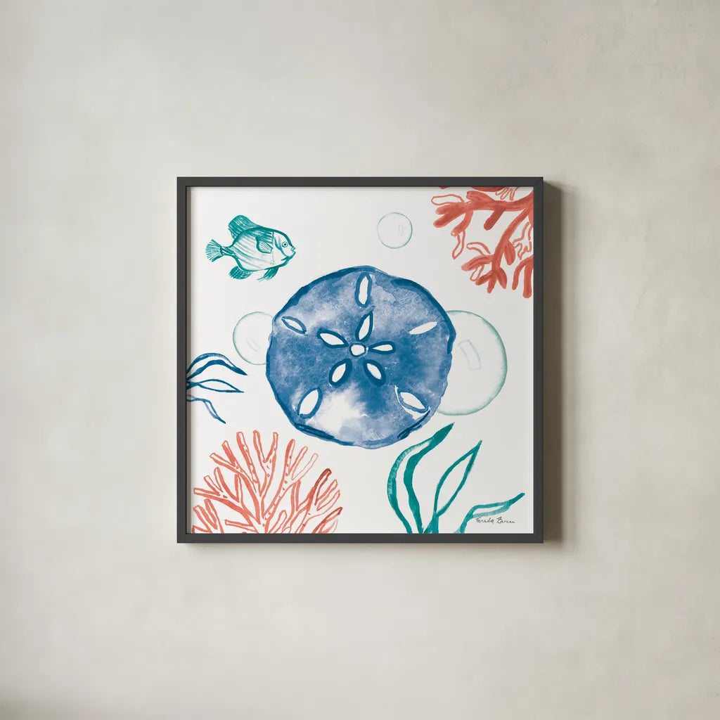 Coastal Jewels IV Bright by Farida Zaman. Shown in a sleek black glass frame for a contemporary gallery look. Available as an archival giclee rolled canvas, fine art paper, or poster print. SKU 73326a.