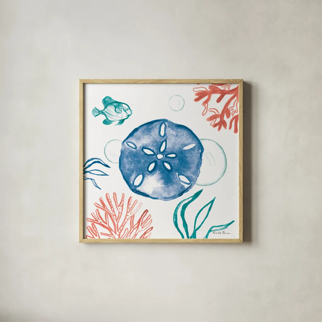 Coastal Jewels IV Bright by Farida Zaman. Shown in a natural wood glass frame for a timeless modern aesthetic. Available as an archival giclee rolled canvas, fine art paper, or poster print. SKU 73326a.