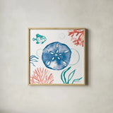 Coastal Jewels IV Bright by Farida Zaman. Shown in a natural wood glass frame for a timeless modern aesthetic. Available as an archival giclee rolled canvas, fine art paper, or poster print. SKU 73326a.