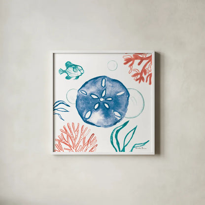 Coastal Jewels IV Bright by Farida Zaman. Shown in a crisp white glass frame for a clean and minimalist style. Available as an archival giclee rolled canvas, fine art paper, or poster print. SKU 73326a.