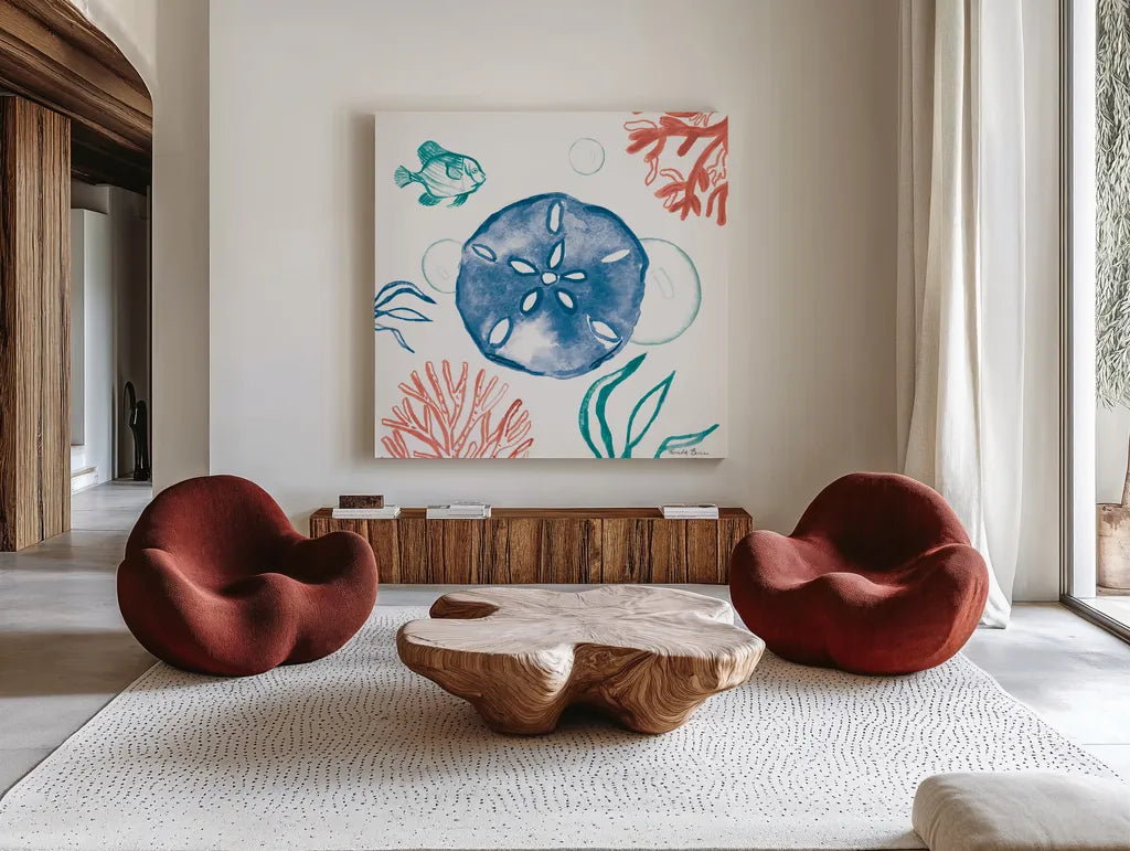 Coastal Jewels IV Bright by Farida Zaman. Shown as extra-large giant wall art in a modern living room. Available as an archival giclee rolled canvas, fine art paper, or poster print. SKU 73326a.