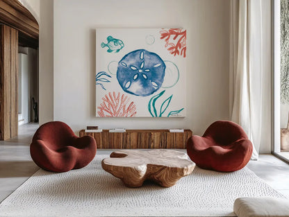 Coastal Jewels IV Bright by Farida Zaman. Shown as extra-large giant wall art in a modern living room. Available as an archival giclee rolled canvas, fine art paper, or poster print. SKU 73326a.