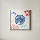 Coastal Jewels IV Coral Cove by Farida Zaman. Shown in a sleek black glass frame for a contemporary gallery look. Available as an archival giclee rolled canvas, fine art paper, or poster print. SKU 55926a.