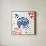 Coastal Jewels IV Coral Cove by Farida Zaman. Shown in a natural wood glass frame for a timeless modern aesthetic. Available as an archival giclee rolled canvas, fine art paper, or poster print. SKU 55926a.