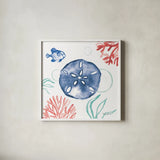 Coastal Jewels IV Coral Cove by Farida Zaman. Shown in a crisp white glass frame for a clean and minimalist style. Available as an archival giclee rolled canvas, fine art paper, or poster print. SKU 55926a.
