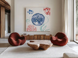 Coastal Jewels IV Coral Cove by Farida Zaman. Shown as extra-large giant wall art in a modern living room. Available as an archival giclee rolled canvas, fine art paper, or poster print. SKU 55926a.
