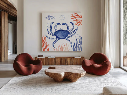 Coastal Jewels V by Farida Zaman. Shown as extra-large giant wall art in a modern living room. Available as an archival giclee rolled canvas, fine art paper, or poster print. SKU 35783a.