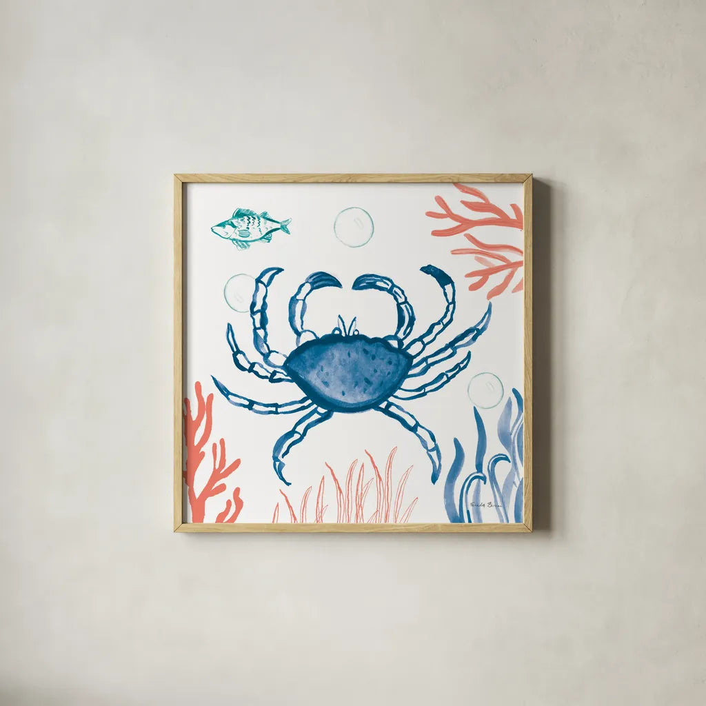 Coastal Jewels V Bright by Farida Zaman. Shown in a natural wood glass frame for a timeless modern aesthetic. Available as an archival giclee rolled canvas, fine art paper, or poster print. SKU 73327a.