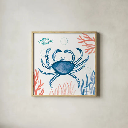 Coastal Jewels V Bright by Farida Zaman. Shown in a natural wood glass frame for a timeless modern aesthetic. Available as an archival giclee rolled canvas, fine art paper, or poster print. SKU 73327a.