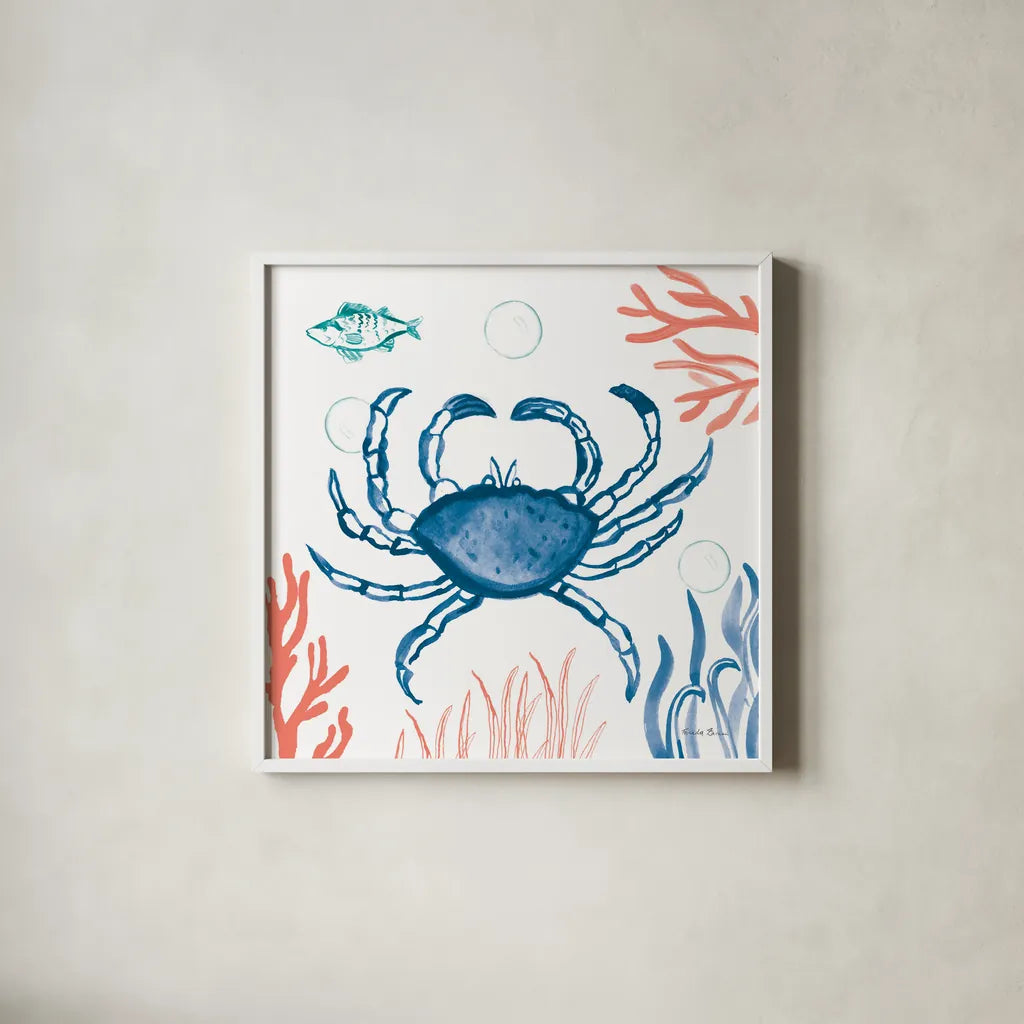 Coastal Jewels V Bright by Farida Zaman. Shown in a crisp white glass frame for a clean and minimalist style. Available as an archival giclee rolled canvas, fine art paper, or poster print. SKU 73327a.